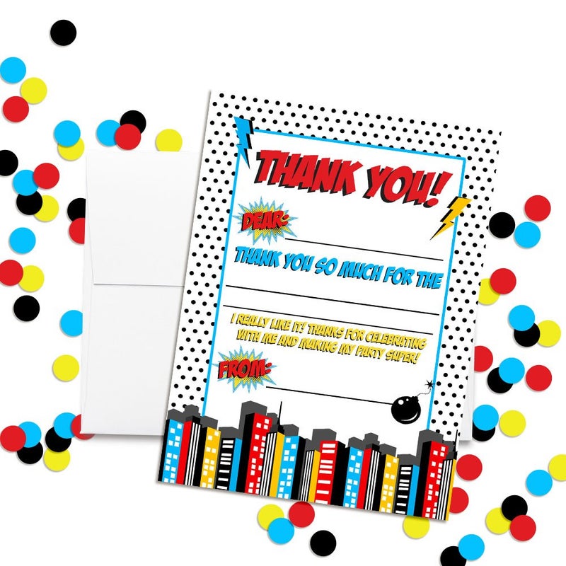 Amanda Creation Super Hero Birthday Thank You Cards for Boys 10 Pack 4" x 5.5" Fill-In Thank You Notes with Envelopes, Kids Party Stationery Set, Fun Hero Design, Made in USA by Amanda Creation - Image 2